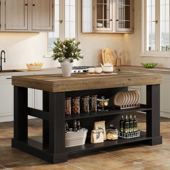 Finmind 55-inch Kitchen Island with 3 Storage Shelves, Large Farmhouse Kitchen Shelf with Spacious Worktop, Brown and Black (Easy to Assemble)
