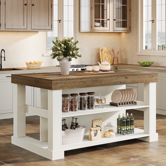 Finmind 55-inch Kitchen Island with 3 Storage Shelves, Large Farmhouse Kitchen Shelf with Spacious Worktop, Brown and White (Easy to Assemble)