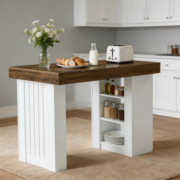 Finmind 55-inch Kitchen Island with Storage, Farmhouse Stationary Island Table with Spacious Top, for Kitchen, Living Room, Rustic Brown & White