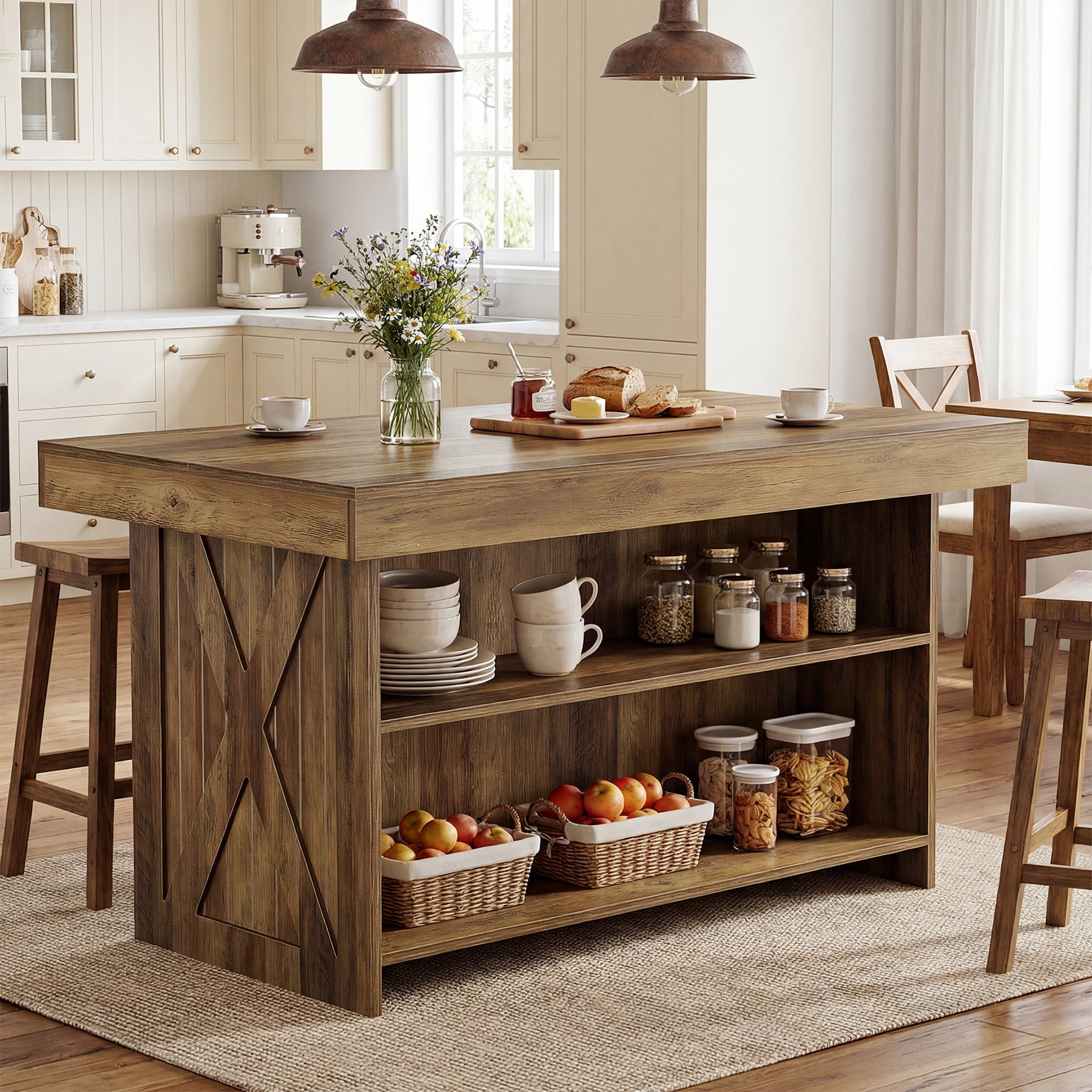 Finmind 55-inch Kitchen Island with Storage Shelves, Farmhouse Island Table, Counter Height Bar Table for Kitchen, Dining Room, Rustic Brown