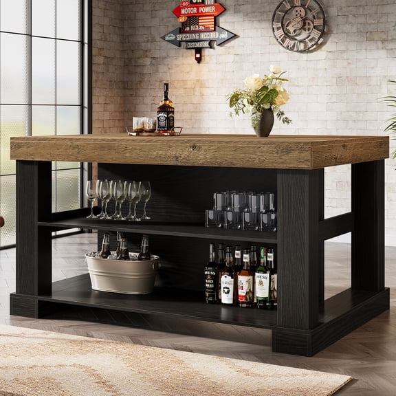 Finmind 55-inch Large Bar Table, 3-Tier Counter Height Pub Table with Spacious Tabletop, Farmhouse Home Bar Unit for Bistro, Basement, Brown and Black