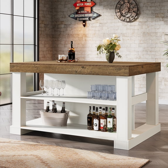 Finmind 55-inch Large Bar Table, 3-Tier Counter Height Pub Table with Spacious Tabletop, Farmhouse Home Bar Unit for Bistro, Basement, Brown and White