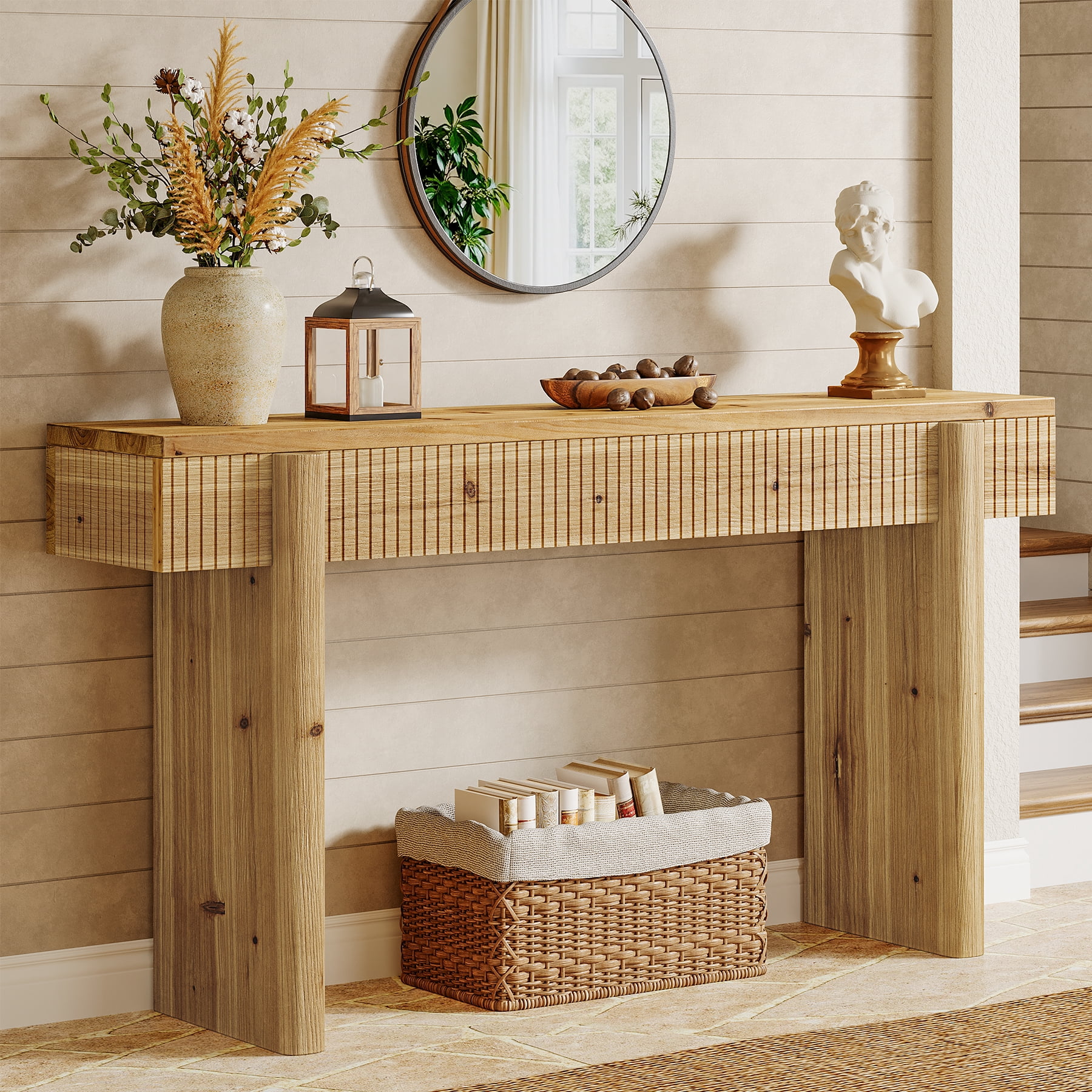 Finmind 55-inch Solid Wood Console Table, Farmhouse Entryway Table, Rectangular Sofa Console with Fluted Top, for Living Room, Hallway, Natural Brown