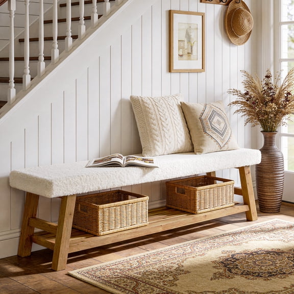 Finmind 55-inch Upholstered Entryway Bench, 2-Tier Modern Shoe Bench with Cushion and Solid Wood Frame, for Bedroom, Entryway, White & Brown