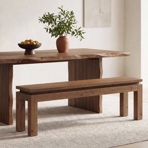 Finmind 59.06" Solid Wood Dining Bench, Farmhouse Kitchen Bench for 1-2, Long Wood Dining Room Bench for Living & Dining Room, Kitchen, Brown