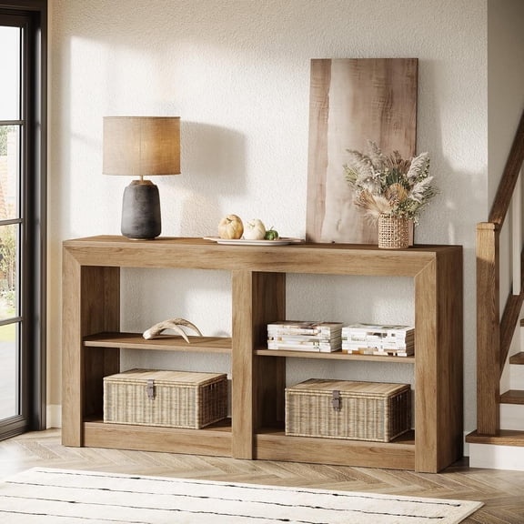 Finmind 59.1" Farmhouse Console Table, 3-Tier Wood Entryway Table with 4-Section Shelf for Living Room, Hallway, Behind Couch, Oak