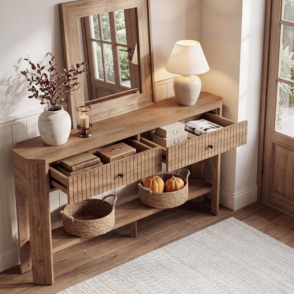 Finmind 59" Console Table with 2 Drawers, Farmhouse Fluted Narrow Entryway Sofa Table with Storage Shelf, Rustic Brown