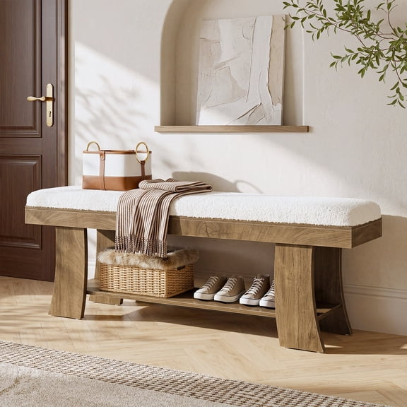 Finmind 59" Entryway Bench, Upholstered End of Bed Bench with Cushion for Entry, White + Brown