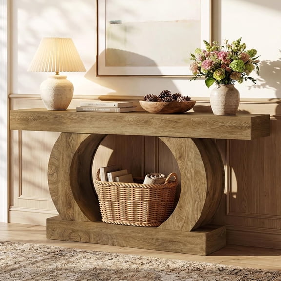 Finmind 59" Farmhouse Console Table, Curved Entryway Table with Circular Base, 2-Tier Narrow Sofa Table for Living Room, Hallway, Oak