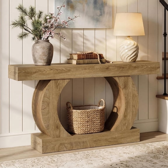 Finmind 59" Farmhouse Console Table, Curved Entryway Table with Circular Base, 2-Tier Sofa Table for Living Room, Oak
