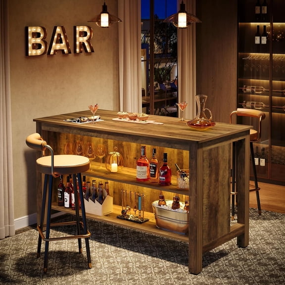Finmind 59" Home Bar Table Unit, 3-Tier Counter Height Pub Table for Kitchen, Home Pub, Rustic Brown