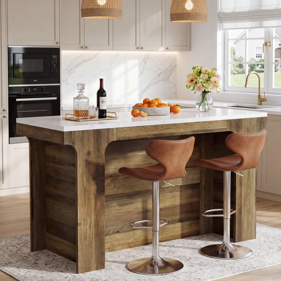 Finmind 59'' Kitchen Island, Modern Island Table with Faux Marble Top for Dining Room, Rectangular Coffee Bar Unit for Living Room, Kitchen, White & Brown