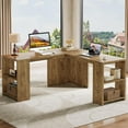 thumbnail image 1 of Finmind 59" L Shaped Executive Desk with Storage Shelves for Home Office, Brown, 1 of 7