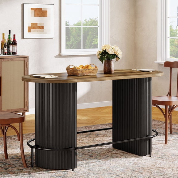 Finmind 59" Oval Bar Table, Industrial Counter Height Pub Table with Metal Footrest, Large Home Bar Unit for Living Room, Rustic Brown & Black