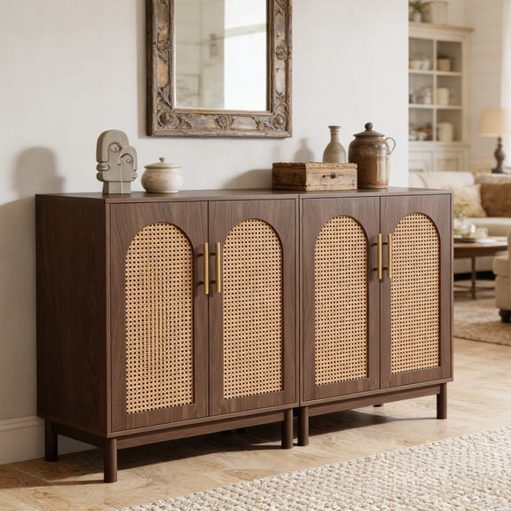 Finmind 59" Rattan Sideboard Buffet Cabinet with 4 Doors, Boho Storage Console for Dining Room, Living Room & Entryway, Wooden Dark Brown Accent Credenza for TV, Coffee Bar & Kitchen Organi