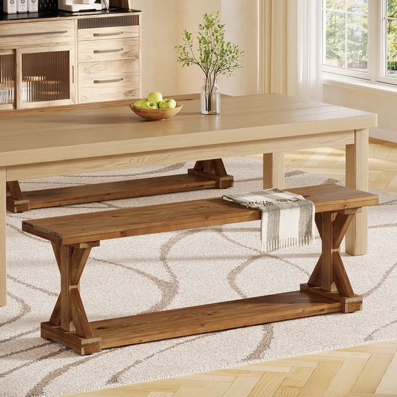 Finmind 59" Solid Wood Dining Bench, 2-Tier Farmhouse Kitchen Bench for Dining Table, Living Room, Rustic Brown