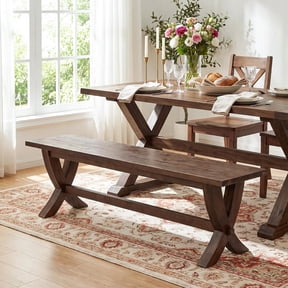 Finmind 59" Solid Wood Dining Bench, Farmhouse Entryway Bench with X-Shaped Legs, Dark Brown
