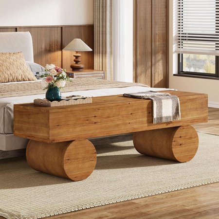 Finmind 59" Solid Wood Entryway Bench, Narrow Skinny End of Bed Bench for Entry for Entry, Brown