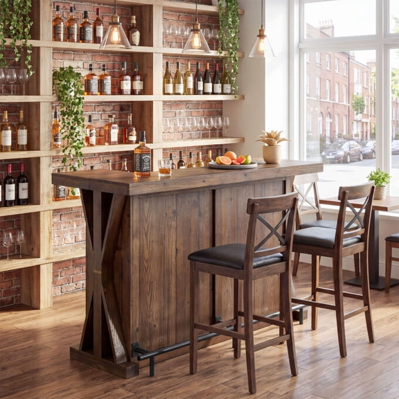 Finmind 59" Solid Wood Home Bar with Storage Shelves & Foot Rail, Farmhouse Bar Table