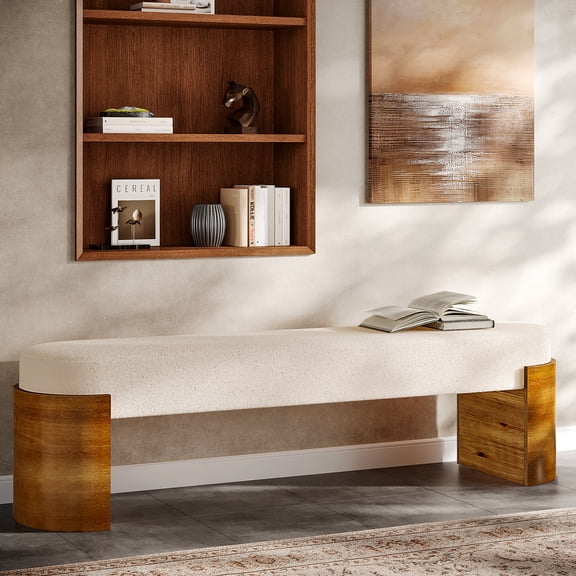 Finmind 59" Upholstered End of Bed Bench, Modern Entryway Shoe Bench with Engineered Wood Frame, White and Broown