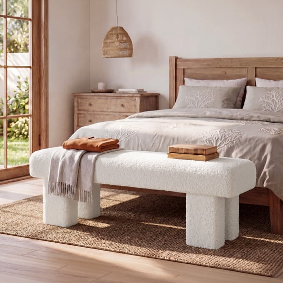 Finmind 59" White Teddy Fleece End of Bed Bench, Modern Upholstered Bedroom Bench for Bedroom