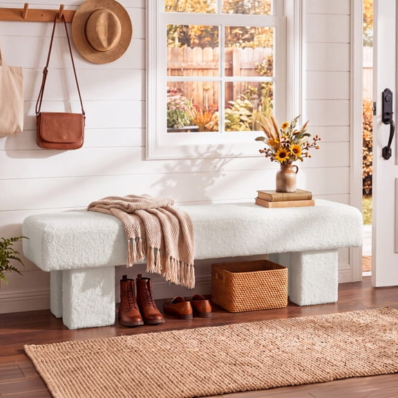 Finmind 59" White Teddy Fleece Entryway Bench, Modern Upholstered Ottoman Shoe Bench, Easy Assembly