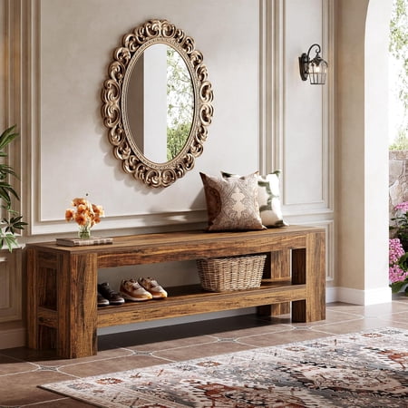 Finmind 59" Wooden Entryway Bench with Storage Shelf, Farmhouse Indoor Console Shoe Bench
