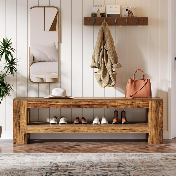Finmind 59" Wooden Entryway Bench with Storage Shelf, Farmhouse Indoor Console Shoe Bench