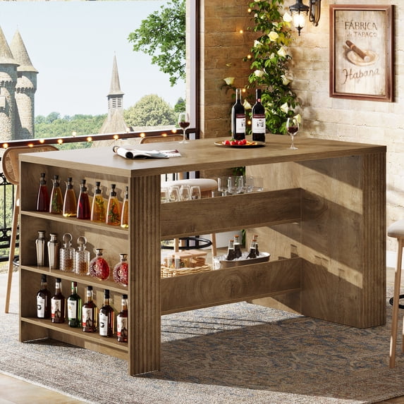 Finmind 59-inch Bar Table, Farmhouse Counter Height Pub Table with Storage Shelves, 3-Tier Home Bar Unit for Living Room, Bistro, Rustic Brown