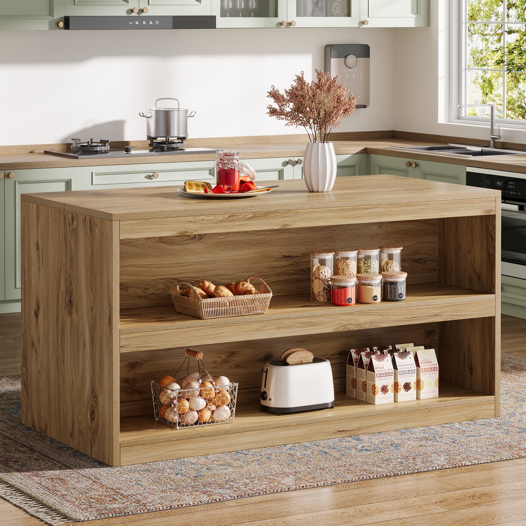 Finmind 59-inch Kitchen Island with Storage, 3-Tier Farmhouse Stationary Island Table with Spaciouse Tabletop and Seating Area for Dining Room, Kitchen, Light Wood