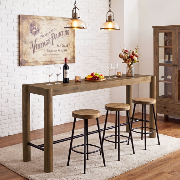 Finmind 59-inch Long Solid Wood Bar Table, Counter Height Pub Table with Metal Footrest, Rustic Home Bar Unit for Kitchen, Living & Dining Room, Brown