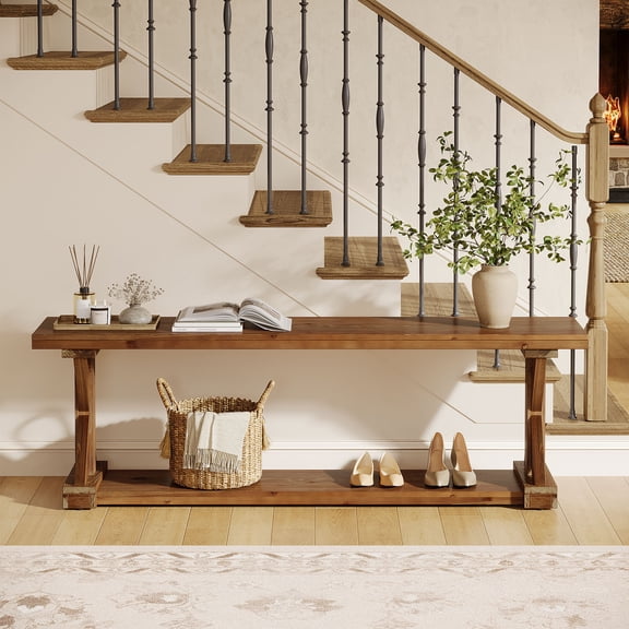 Finmind 59-inch Solid Wood Entryway Shoe Bench with Storage Shelf , 2-Tier Farmhouse Foyer Bench with for Hallway, Mudroom, Bedroom, Rustic Brown