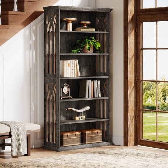 Finmind 6-Tier Bookshelf, 75-Inch Tall Wood Bookcase, Large Freestanding Display Shelves for Home Office, Gray