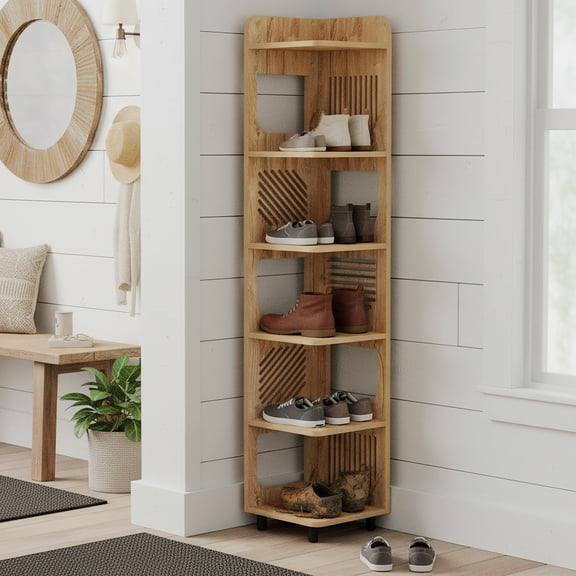 Finmind 6-Tier Corner Shoe Rack, Tall Narrow Farmhouse Shoe Storage Organizer, Natural