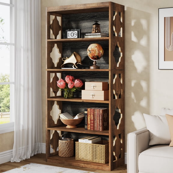 Finmind 6-Tier Farmhouse Bookshelf, 70-inch Tall Freestanding Bookcase with Open Storage Shelves, Large Display Book Shelf, Brown & Gray