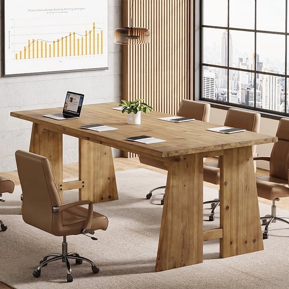 Finmind 6 ft Solid Wood Conference Table for 6-8 People,  71-Inch Rectangle Meeting Table with Reinforced Legs for Office Conference Room, Natural Brown