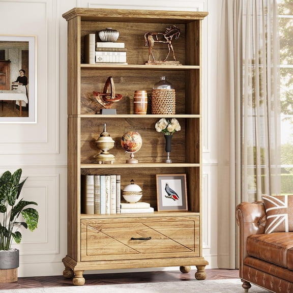Finmind 6-tier Bookcase with Drawer, 71 Inch Tall Freestanding Bookshelf with Solid Wood Legs, Large Display Storage Book Shelves for Living Room, Home Office, Oak