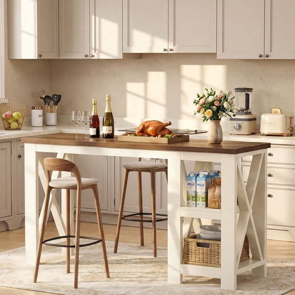 Finmind 62.2" Kitchen Island, Large Counter Height Bar Table with Side Storage Shelves