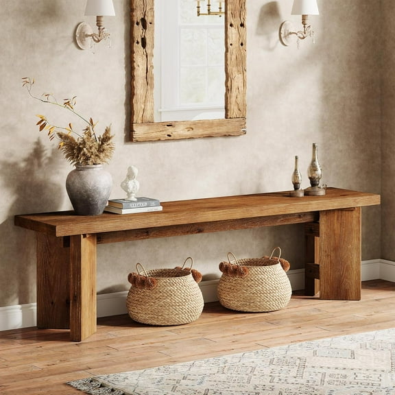 Finmind 62.99" Solid Wood Entryway Bench, Farmhouse Wooden Bench with Thickened Legs for Dining Room, Living Room & End of Bed, Rustic Brown