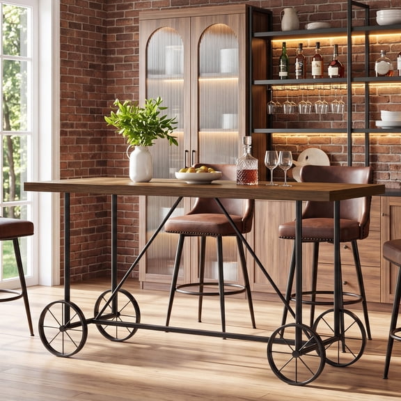 Finmind 63" Bar Table, Long Counter Height Pub Table for Kitchen,Bistro, Home bar, Rustic Brown & Black