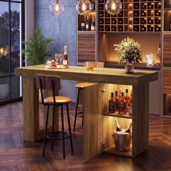 Finmind 63" Bar Table with Storage Cabinet, 63" Long Counter Height Pub Table with Study Frame, Large Home Bar Unit for Living & Kitchen, Light Brown