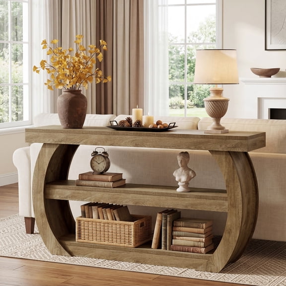 Finmind 63" Console Table, 3-Tier Farmhouse Entryway Table with Storage Shelves, Sofa Console Behind the Couch for Hallway, Living Room, Light Brown