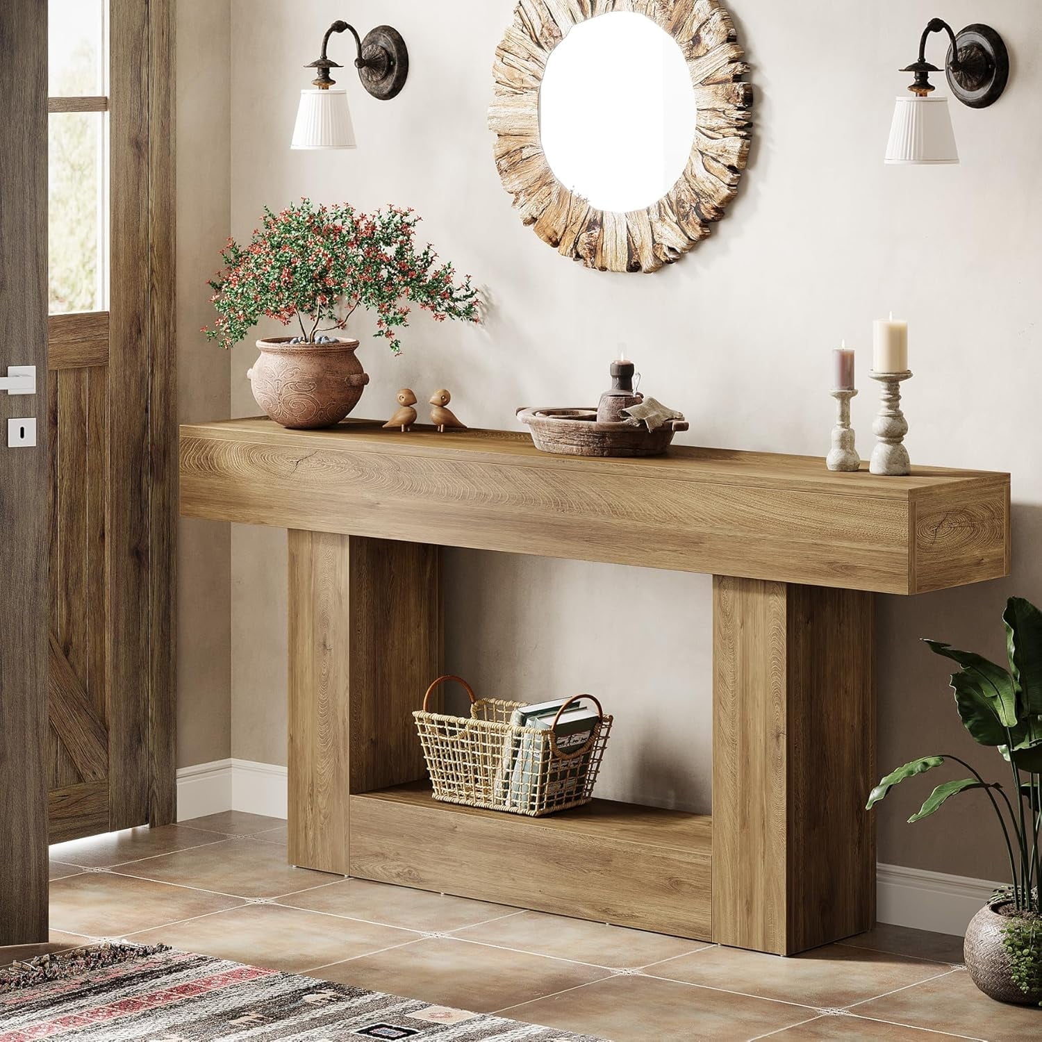 Finmind 63" Console Table, Farmhouse 2-Tier Entryway Table with U-Shaped Base