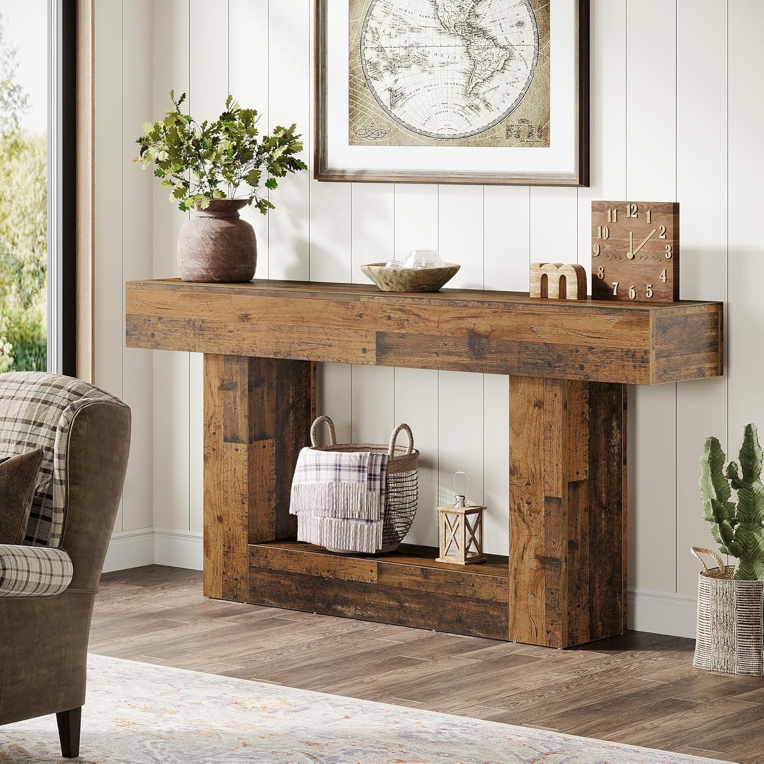 Finmind 63" Console Table, Farmhouse 2-Tier Entryway Table with U-Shaped Base