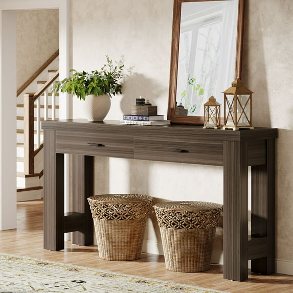 Finmind 63" Console Table: Farmhouse Entryway Table with 2 Drawers & Sturdy H-Shaped Legs for Hallway/Living Room/Bedroom, Dark Gray