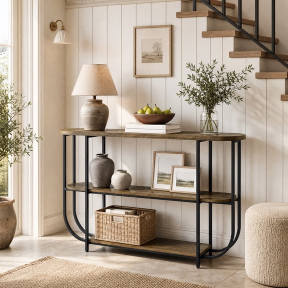 Finmind 63" Console Table for Entryway, 3-Tier Narrow Sofa Table with Curved Metal Frame, for Entrance, Foyer, Living Room, Hallway, Rustic Brown