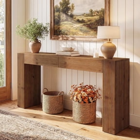 Finmind 63" Console Table with 2 Drawers, Solid Wood Sofa Table, Living Room, Entrance, Brown