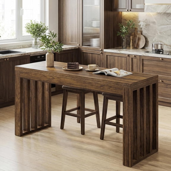 Finmind 63" Counter Height Bar Table, Farmhouse Rectangular Pub Table for Kitchen, Dining Room, Rustic Brown