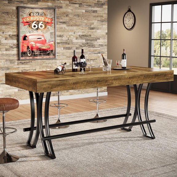 Finmind 63" Counter Height Bar Table, Industrial Pub Table with Metal Footrest for Kitchen, Dining, Dark Brown