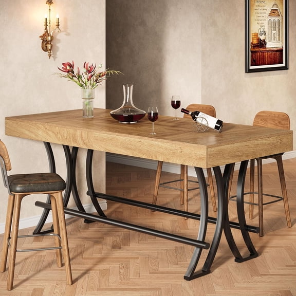 Finmind 63" Counter Height Bar Table with Metal Footrest, Rectangular Industrial Pub Table, Tall Home Bar Unit for Kitchen, Dining Room, Natural
